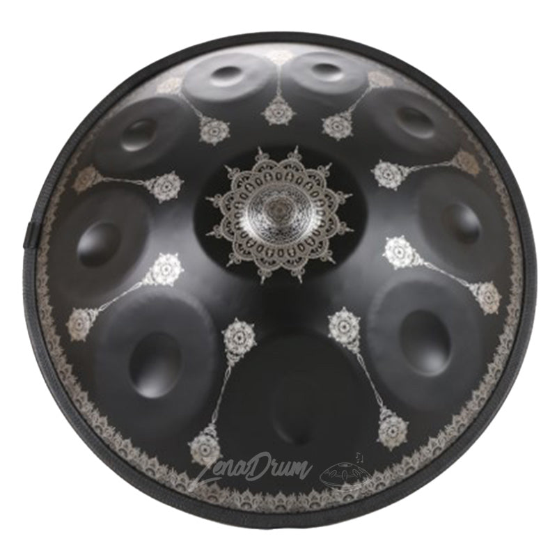 C Major Handpan Drum for Sale featuring black mandala patterns and 432Hz tuning