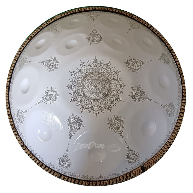 White C Major Handpan Drum with mandala patterns etched, 432Hz, for sale