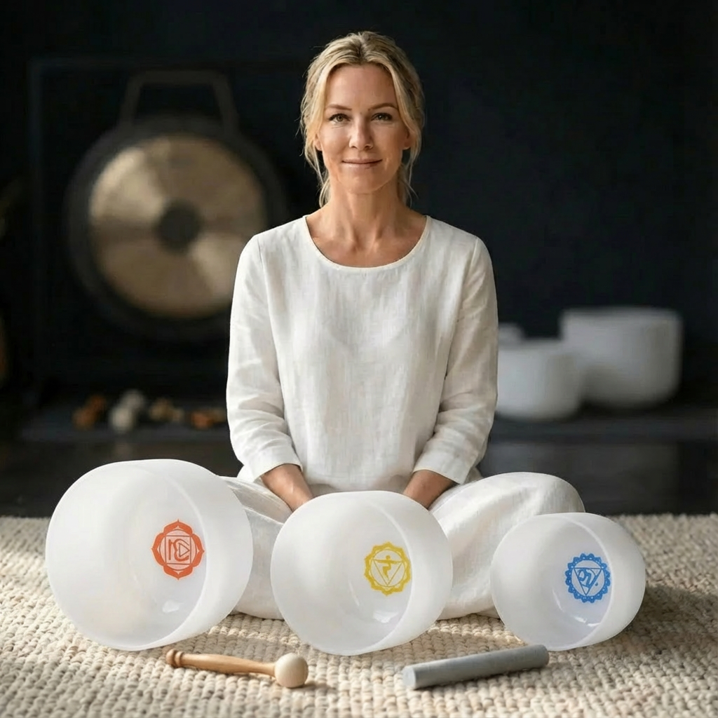 Chakra Symbol 3 PCS 8"G 10"E 12"C Crystal Singing Bowl Set