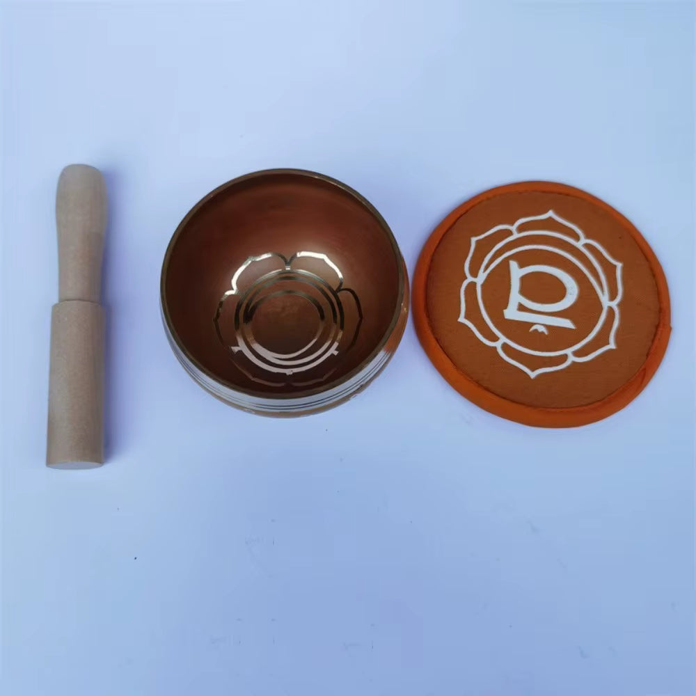 Copper Singing Bowl with Striker and Chakra Design Coaster for Meditation