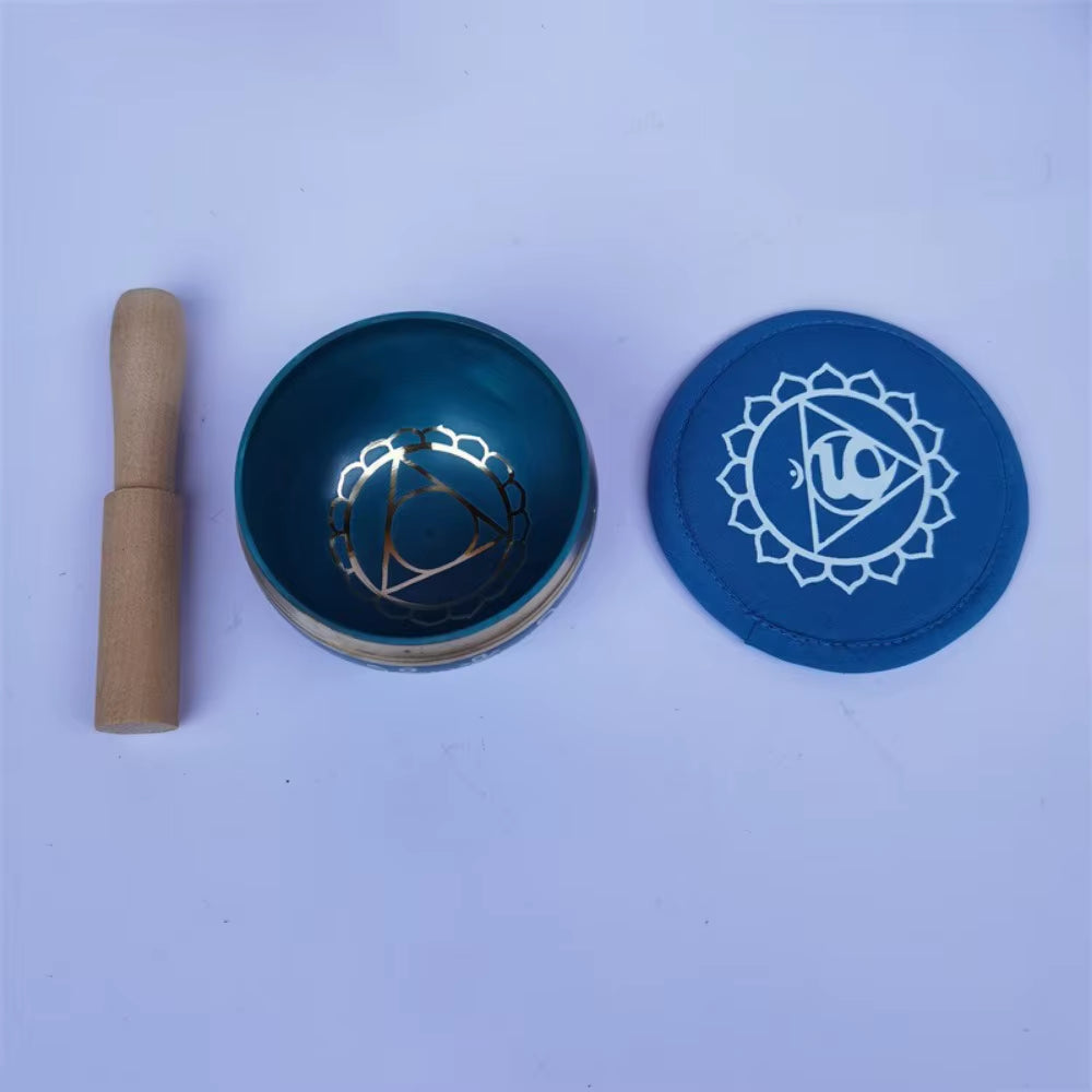 Meditation bowl with striker and blue chakra disc in Colorful Brass Tibetan Singing Bowl