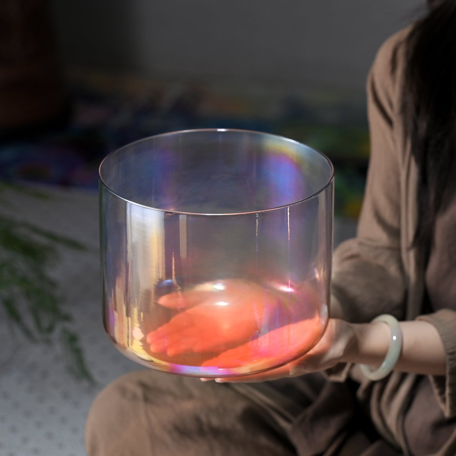 Crystal Singing Bowl Dawn Alchemy with iridescent rainbow reflections for sound healing