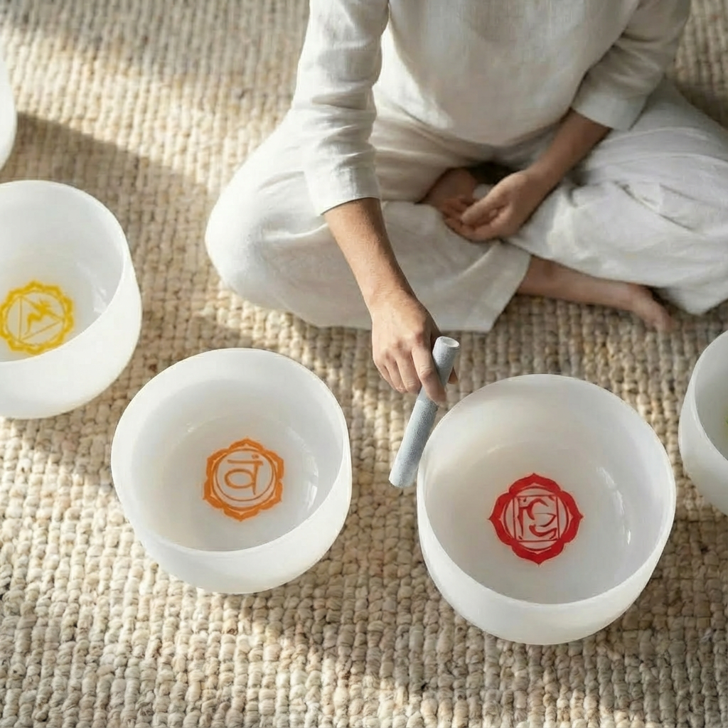 Crystal Singing Bowl Set with Chakra Symbols