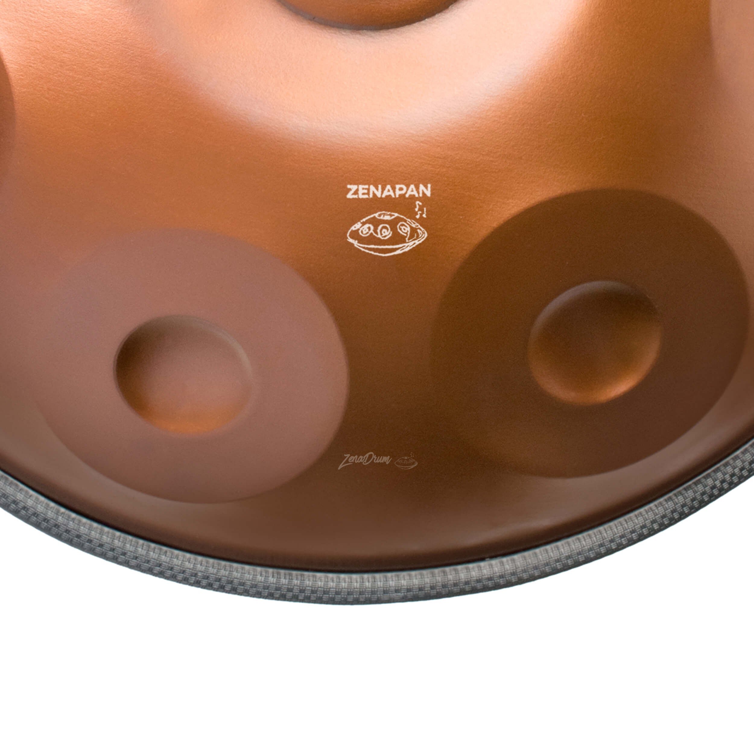 D Minor Handpan Drum with copper-colored metallic surface and circular tone fields