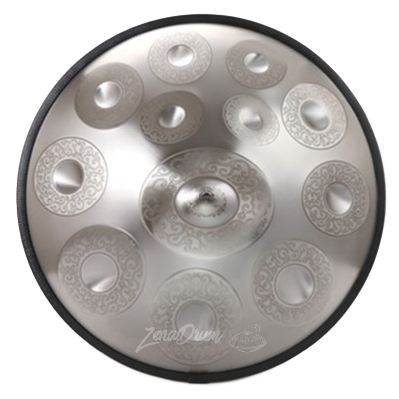 Metallic D Minor Kurd Handpan Drum with 9/12 tone fields in circular design