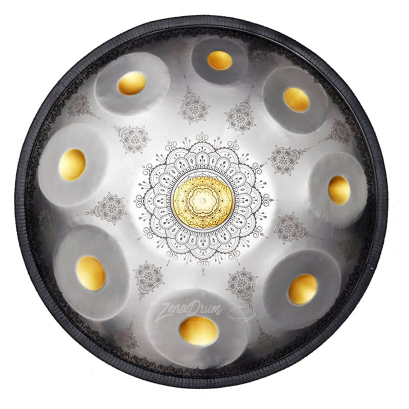 D Minor Kurd Handpan Drum with ornate mandala design and nine playing zones