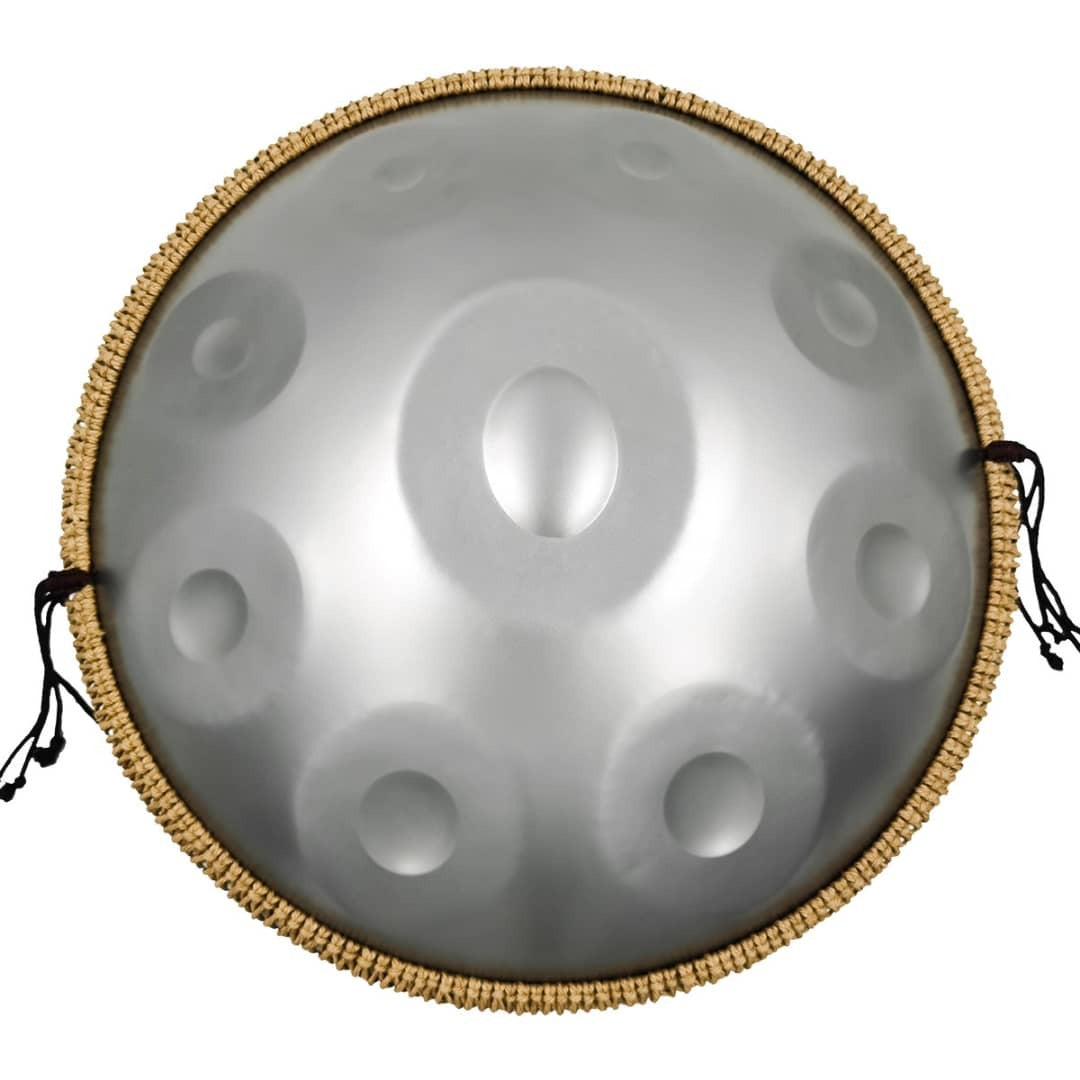 Metallic E Equinox Handpan Drum with woven rope trim and minor hexatonic scale