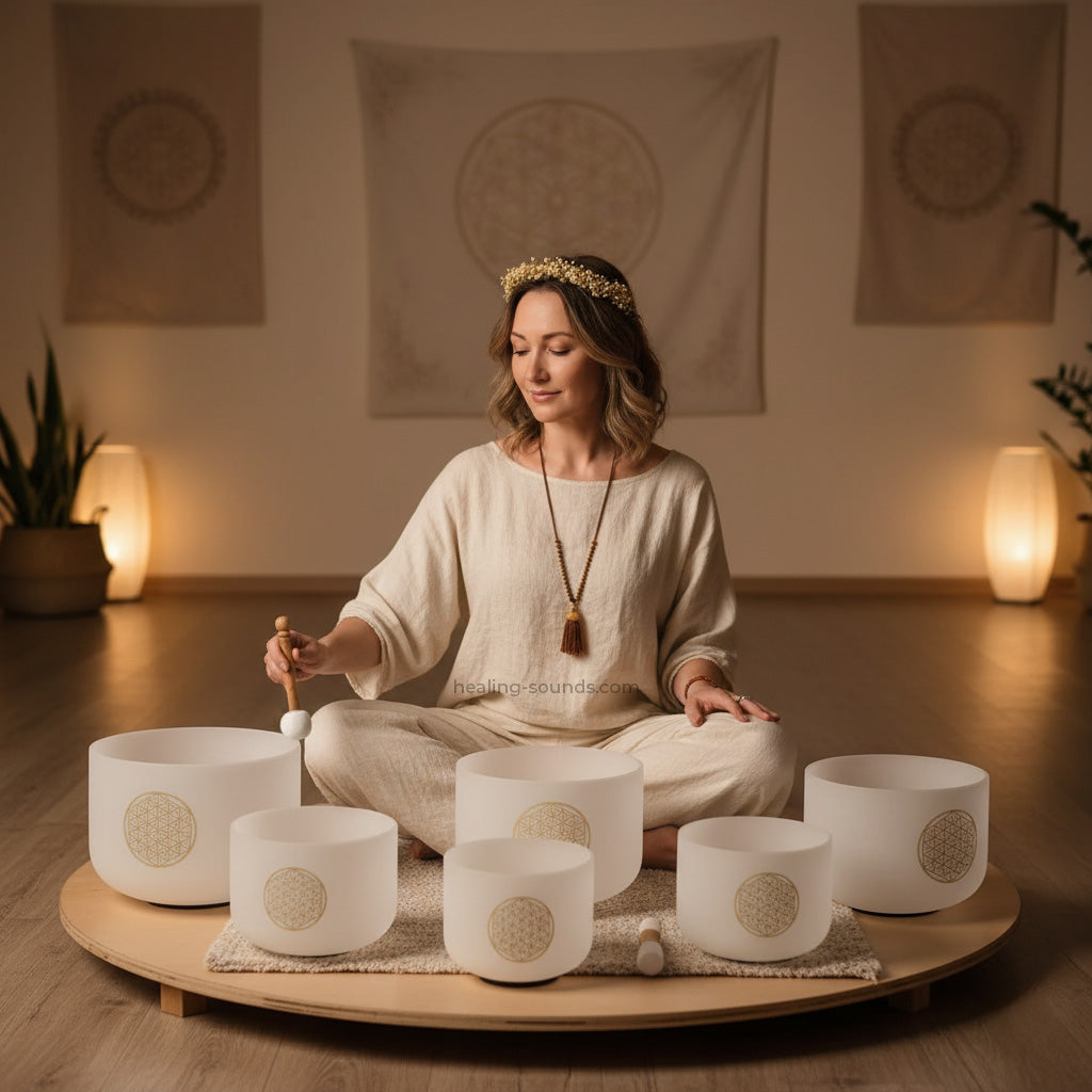 Flower of Life Quartz Crystal Singing Bowl Set for Meditation