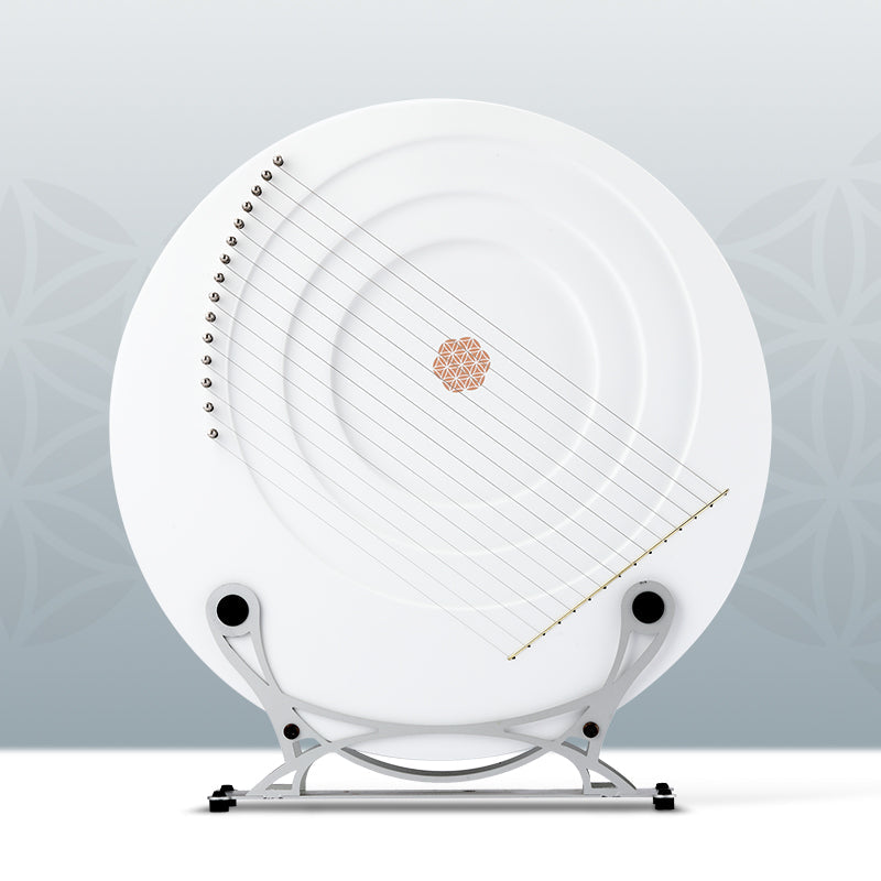 White disc with black stands and patterns on Full Moon Lyre Harp Instrument