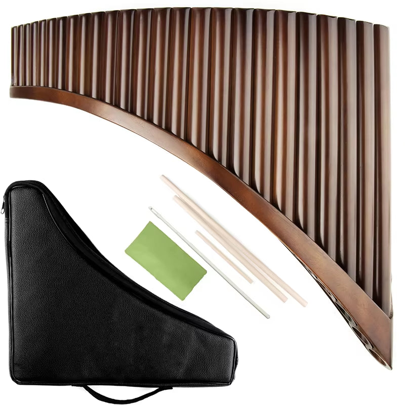 Handmade Bamboo Pan Flute G Key with carrying case and cleaning accessories displayed