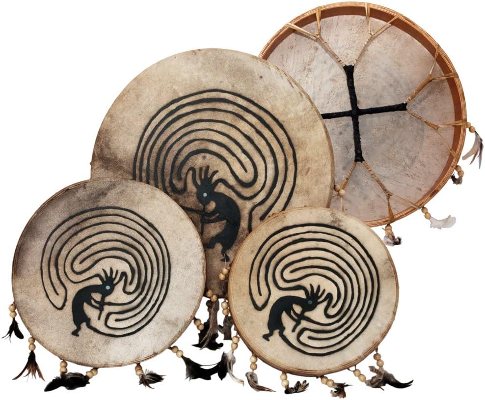Native American drums featuring Kokopelli figures and labyrinth patterns in Handmade Shamanic Frame Drum