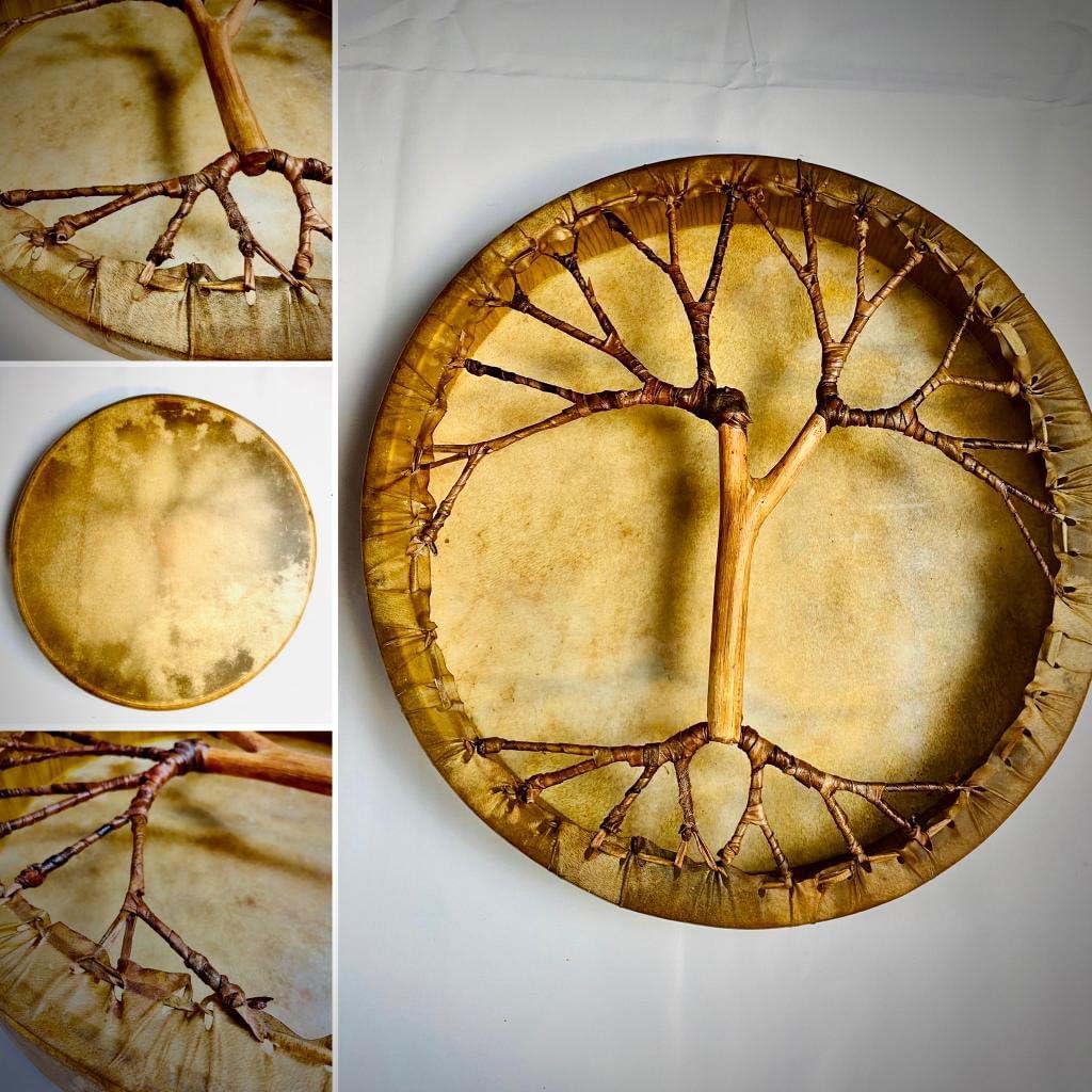 Handmade Shamanic Frame Drum featuring a tree branch design on goat skin surface