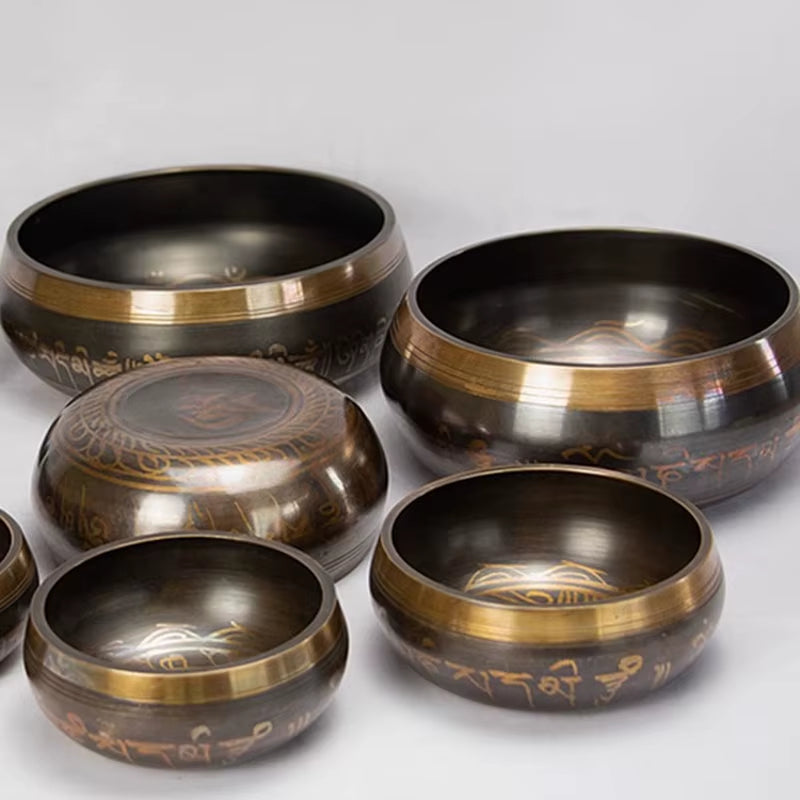 Handmade Tibetan Singing Bowl with Brass Trim and Decorative Etched Designs for Meditation