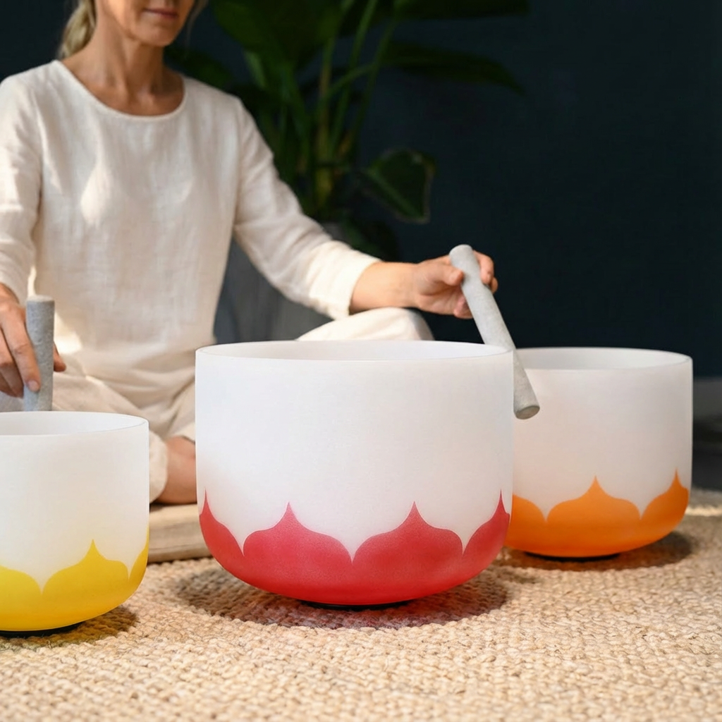 Lotus Frosted Quartz Crystal Singing Bowl Set - Chakra Harmony