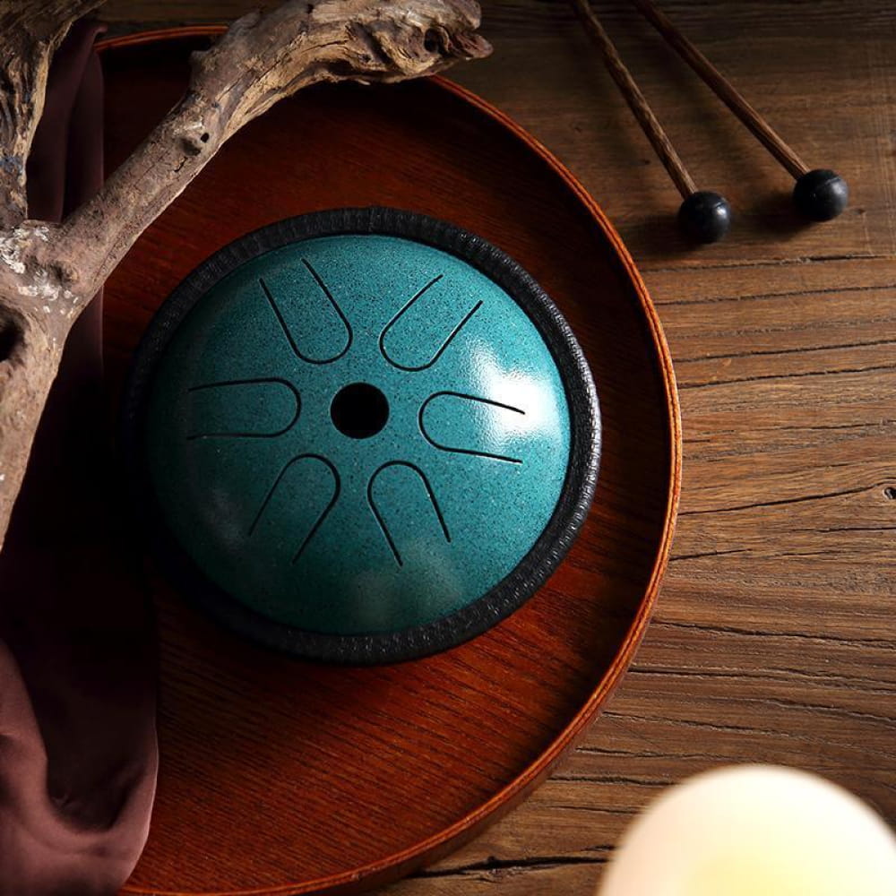 Turquoise Mini Copper Disc Steel Tongue Drum with curved tone slots and 6 notes in C