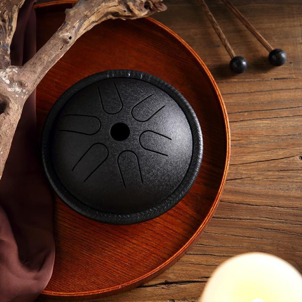 Black circular drum with grooves, Mini Copper Disc Steel Tongue Drum, 5.5 inches, C Key