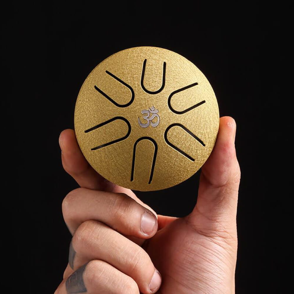 Golden Mini Titanium Steel Tongue Drum with Om symbol and U-shaped cutouts