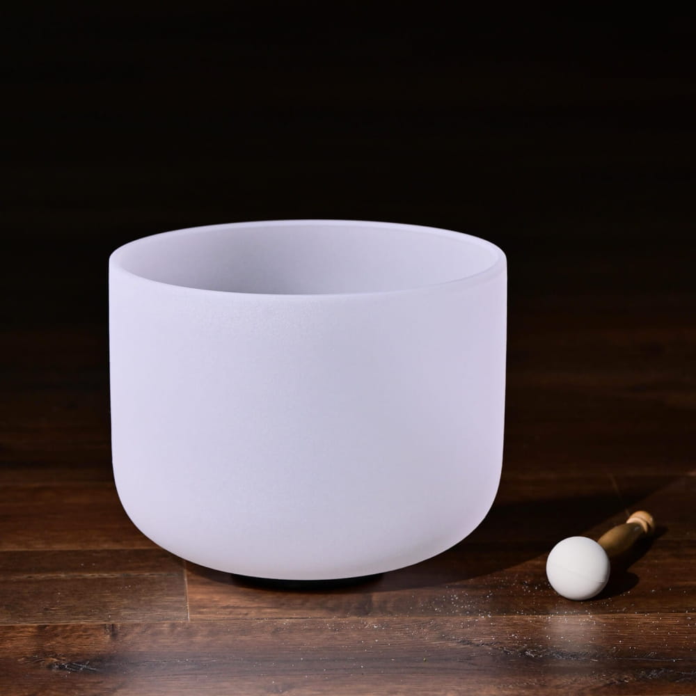 White crystal singing bowl with wooden mallet, Perfect Pitch A Note 220Hz