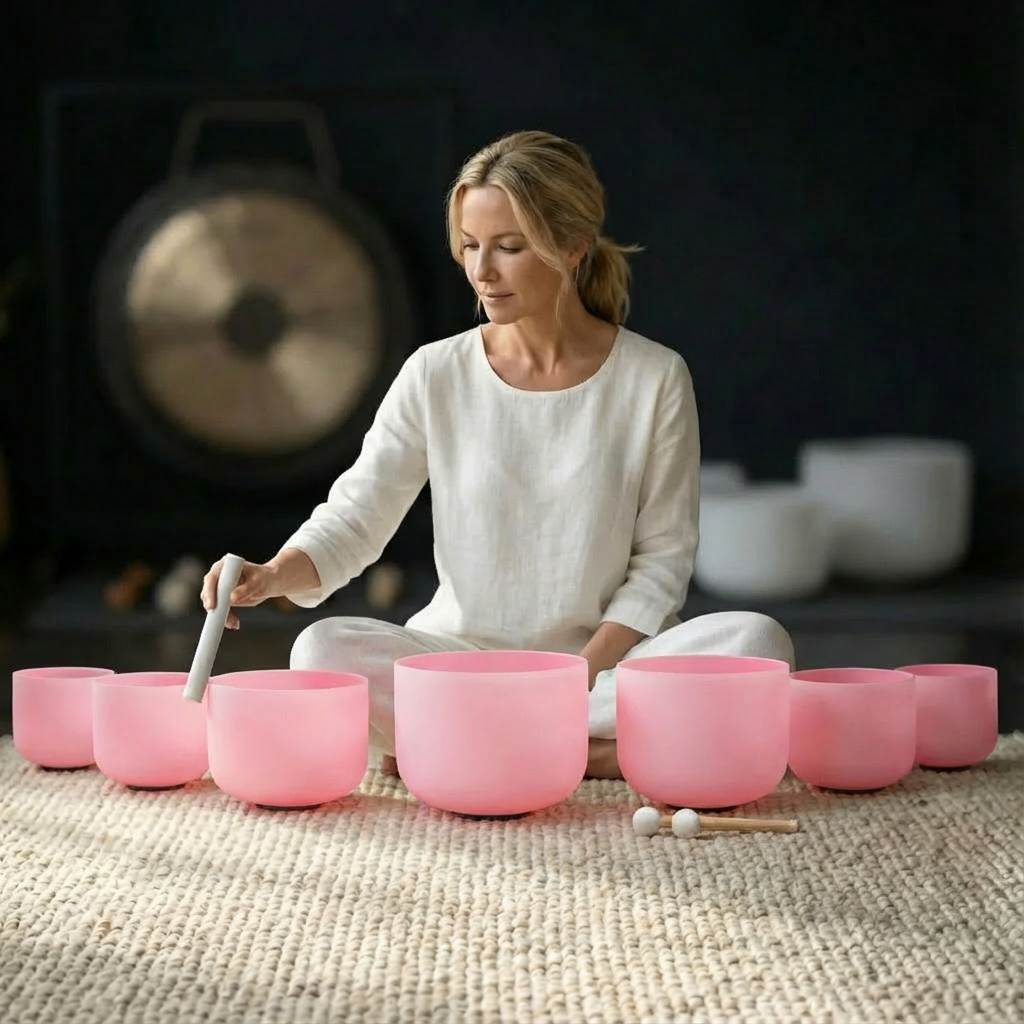 Pink Frosted Crystal Singing Bowl Set - 7 pcs 6-12"