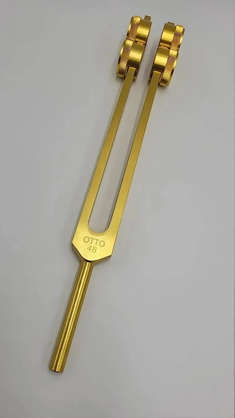 Gold-colored tuning fork with two parallel prongs in Professional Otto Tuners set