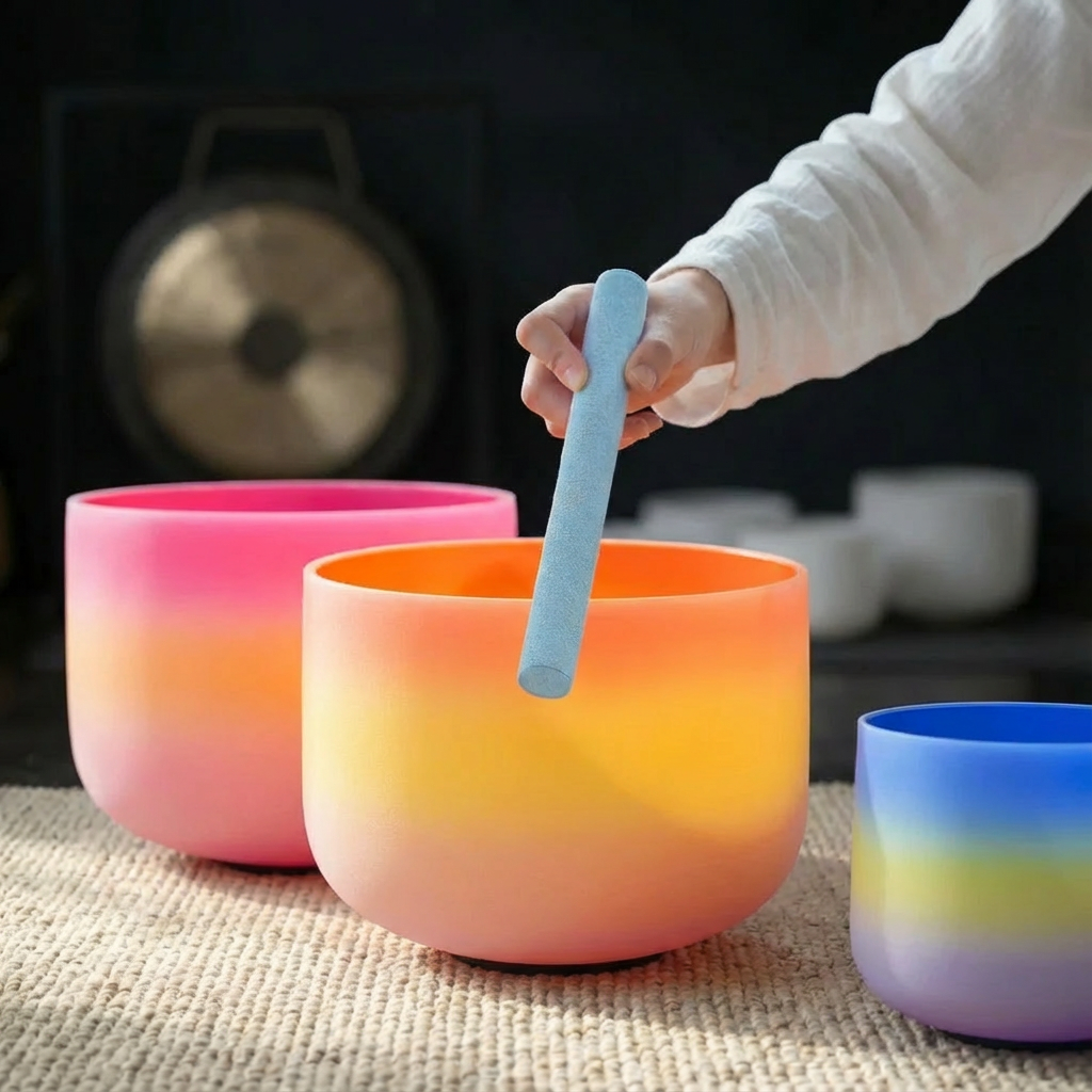 Rainbow Frosted Quartz Crystal Singing Bowl Set - 7 pcs 6-14