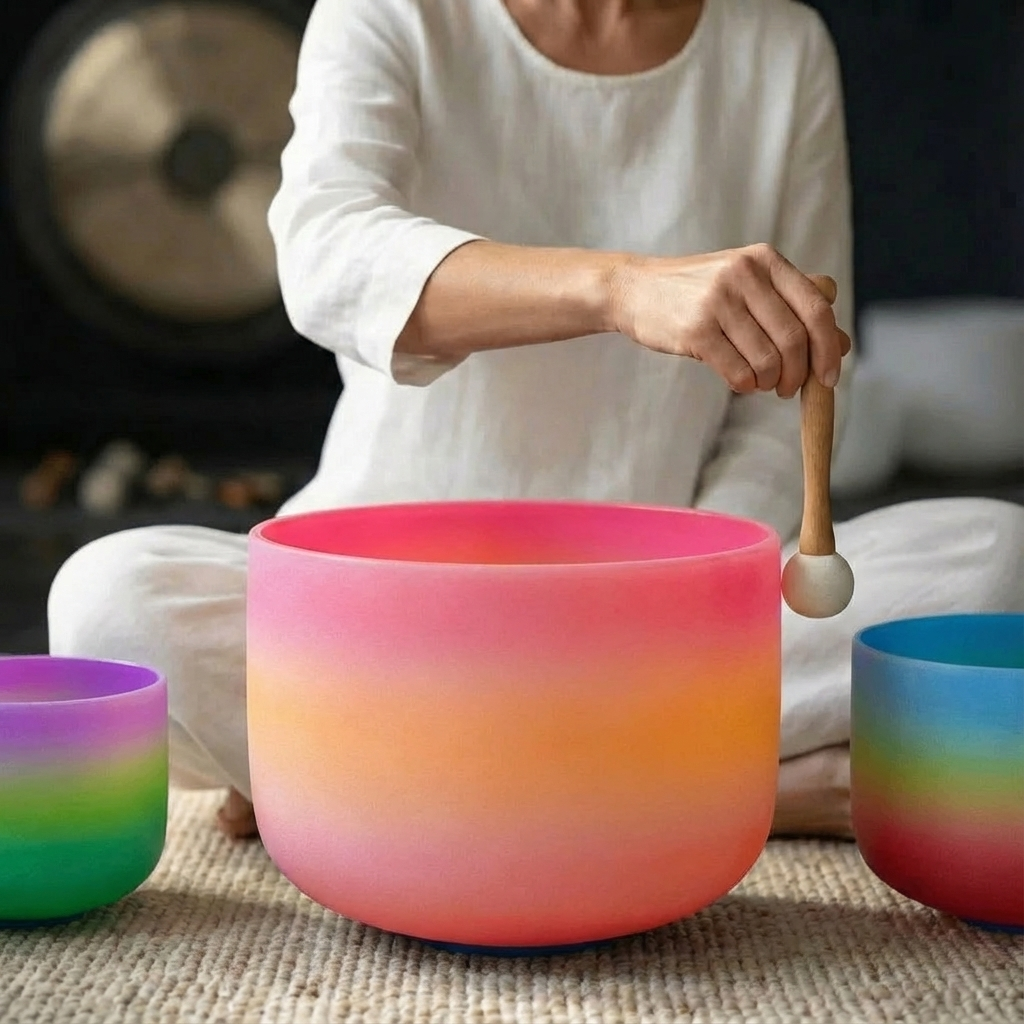 Rainbow Frosted Quartz Crystal Singing Bowl Set - 7 pcs 6-14
