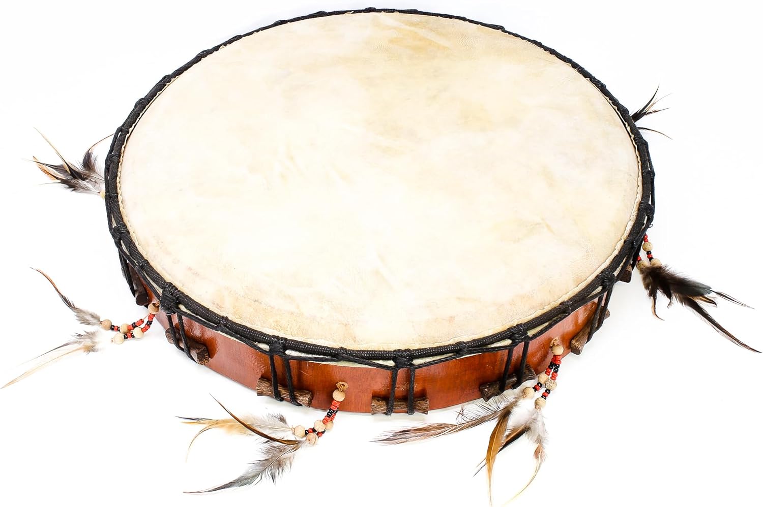 Hand-painted watercolor tambourine with feathers for Shamanic Hand Drum instrument