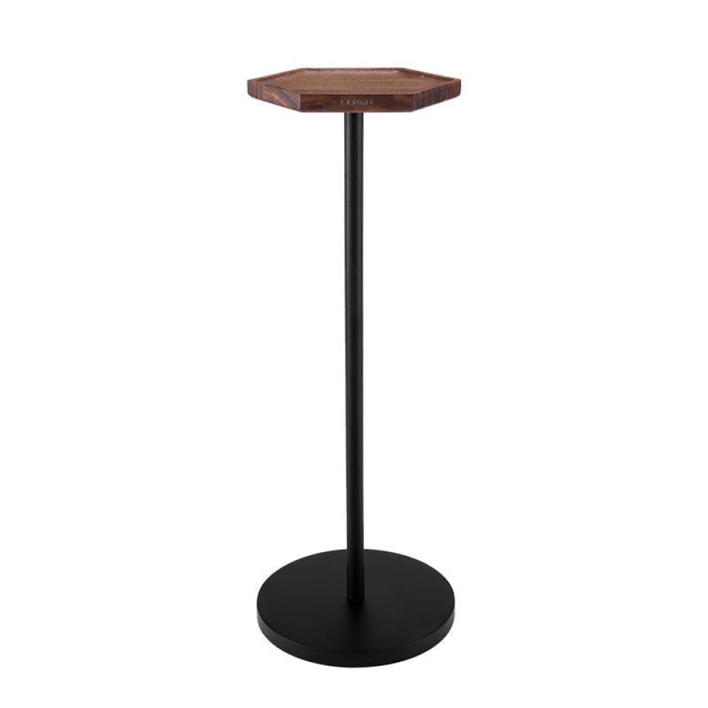 Tall bar-height pedestal table with wooden octagonal top and black metal base