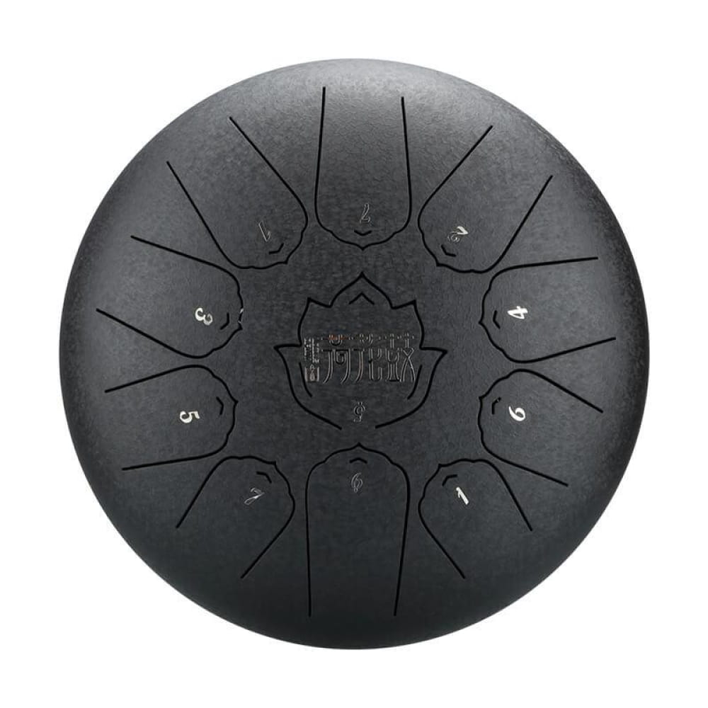 Black steel tongue drum with lotus design and numbered sections, 10-Inch, C Major