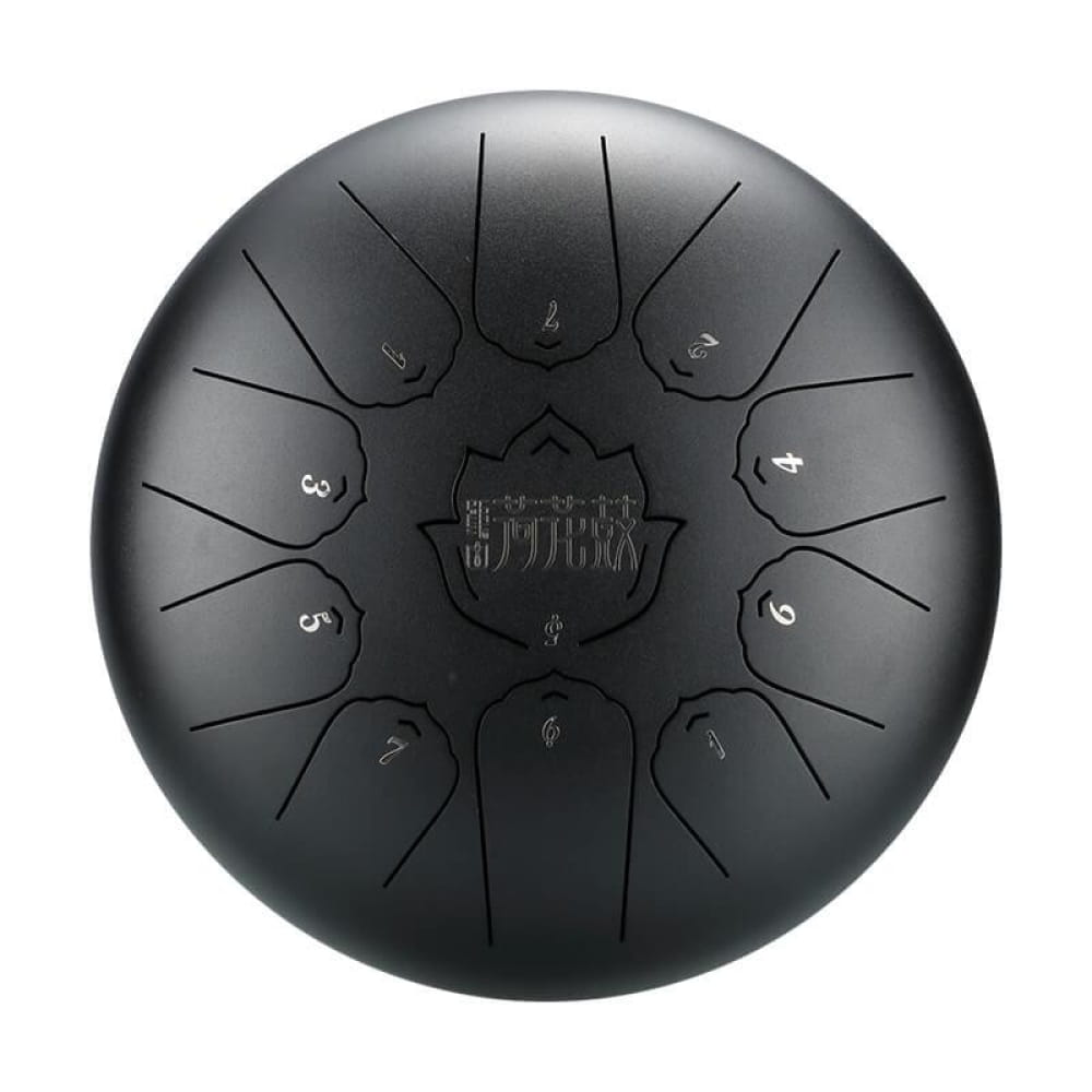 Black steel tongue drum with tone markings, 10-Inch Carbon Steel, 11 Notes in C Major