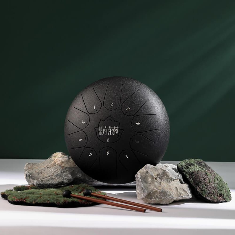 Black steel tongue drum with 11 notes in C Major in a circular tone zone design