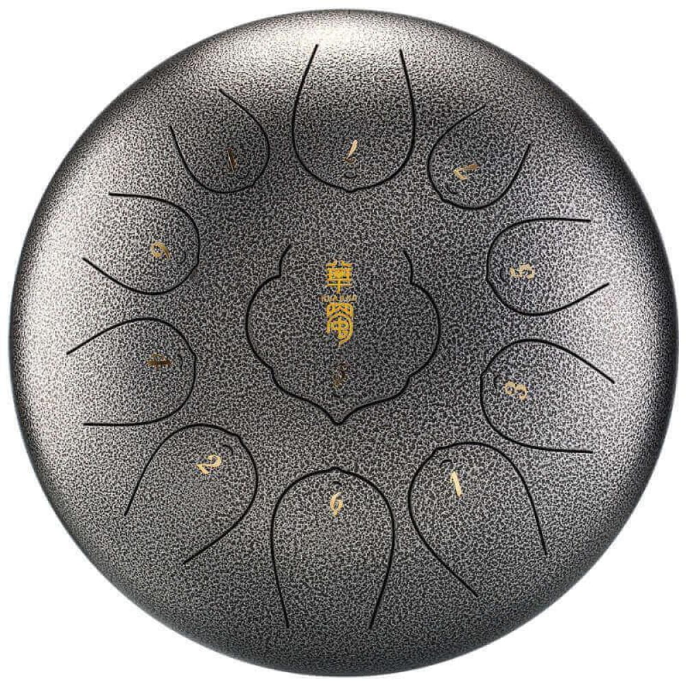 10-Inch Carbon Steel Tongue Drum with nine tone fields in circular pattern in F Key