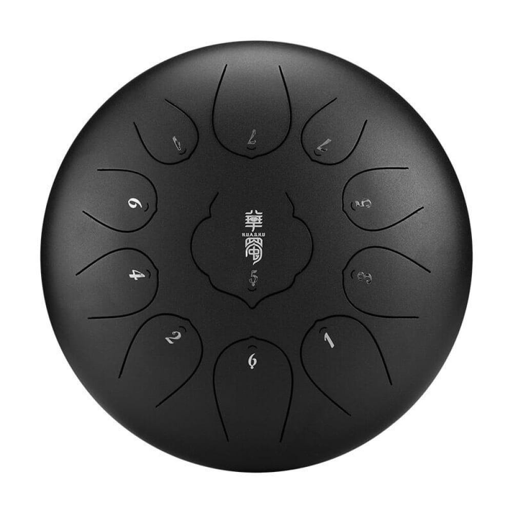 Black steel tongue drum with 11 tonal sections in circular pattern, 10-Inch Carbon Steel