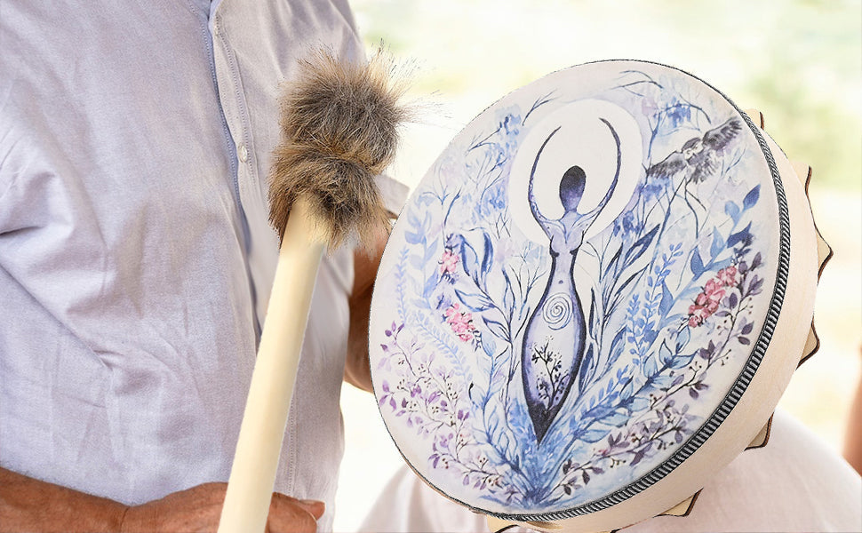 Hand-painted 10’’ Shamanic Hand Drum featuring feminine figure and floral design