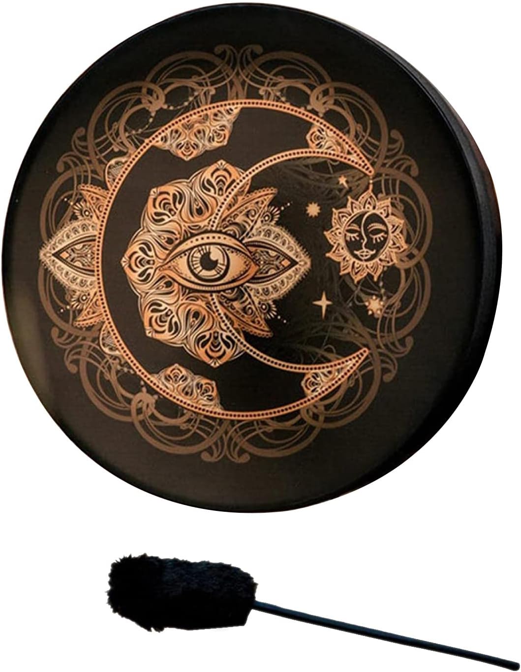 Decorative black plate featuring a copper crescent moon and eye design for Shamanic Hand Drum