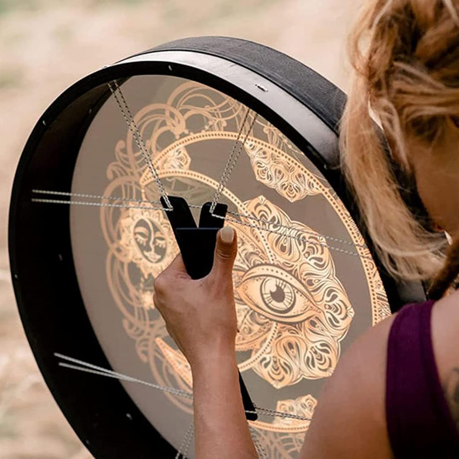 Decorative 10 inch Shamanic Hand Drum with eye and mandala design for sound healing