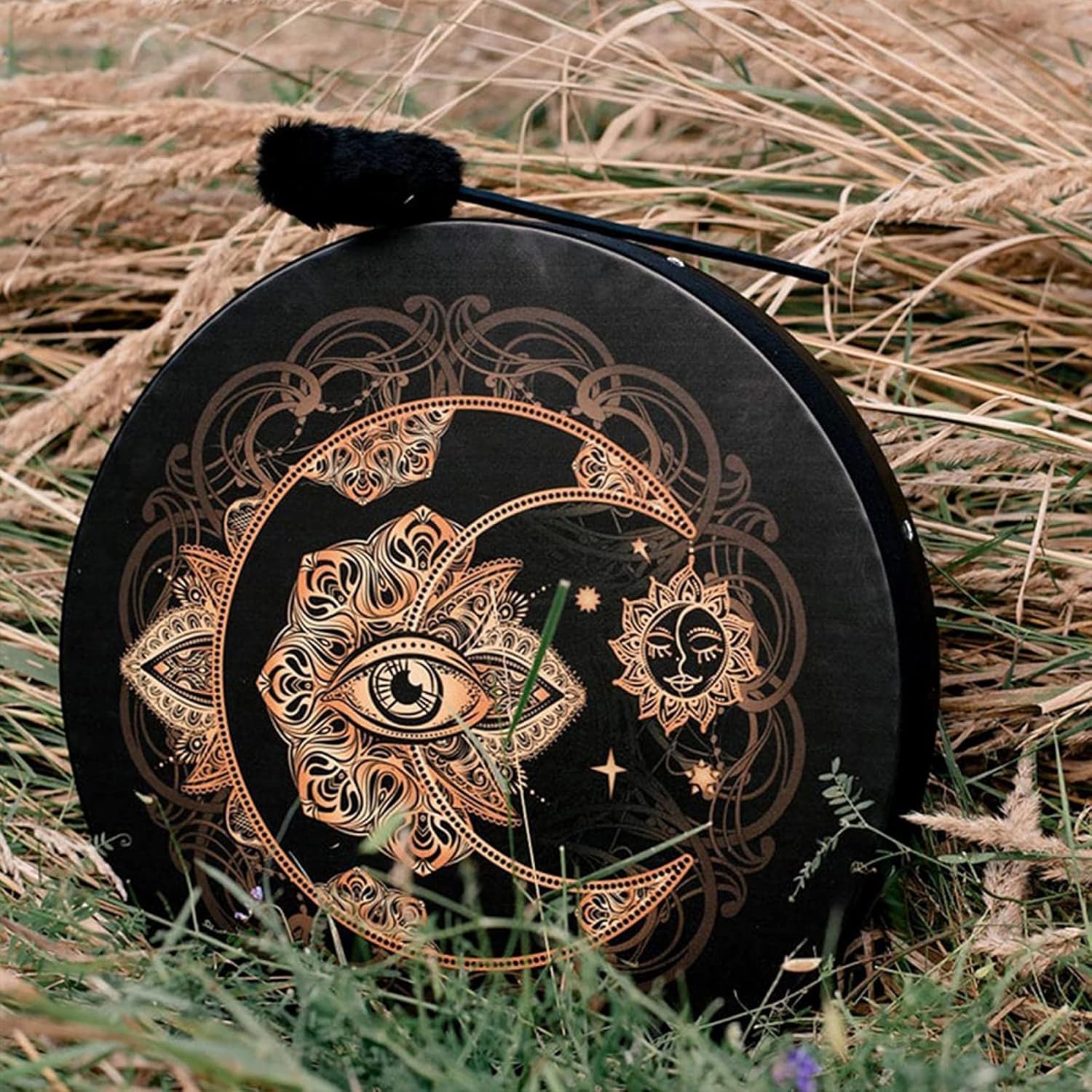 Black circular purse with copper moon and eye mandala, ideal for spiritual sound healing