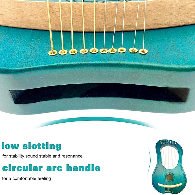 Teal 10 String Lyre Harp with gold strings and circular handle in mahogany finish