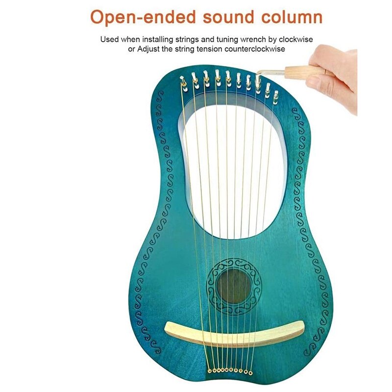 Teal-colored Lyre Harp with decorative patterns in Mahogany bundle with Bag and Tuning Tool