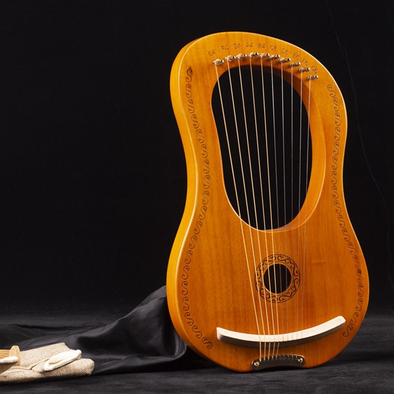 Wooden 10 String Lyre Harp in Mahogany with decorative border and tuning tool bag