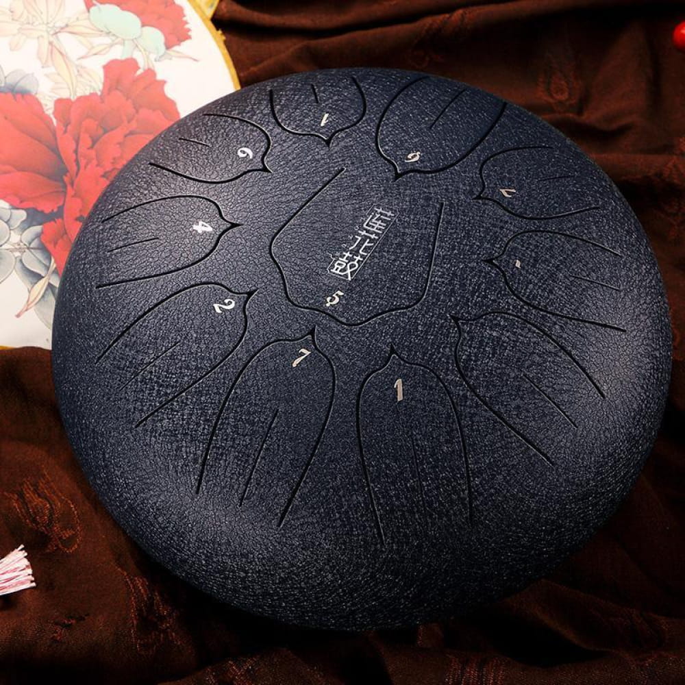 12 inch Carbon Steel Tongue Drum with petal-like etchings in dark finish