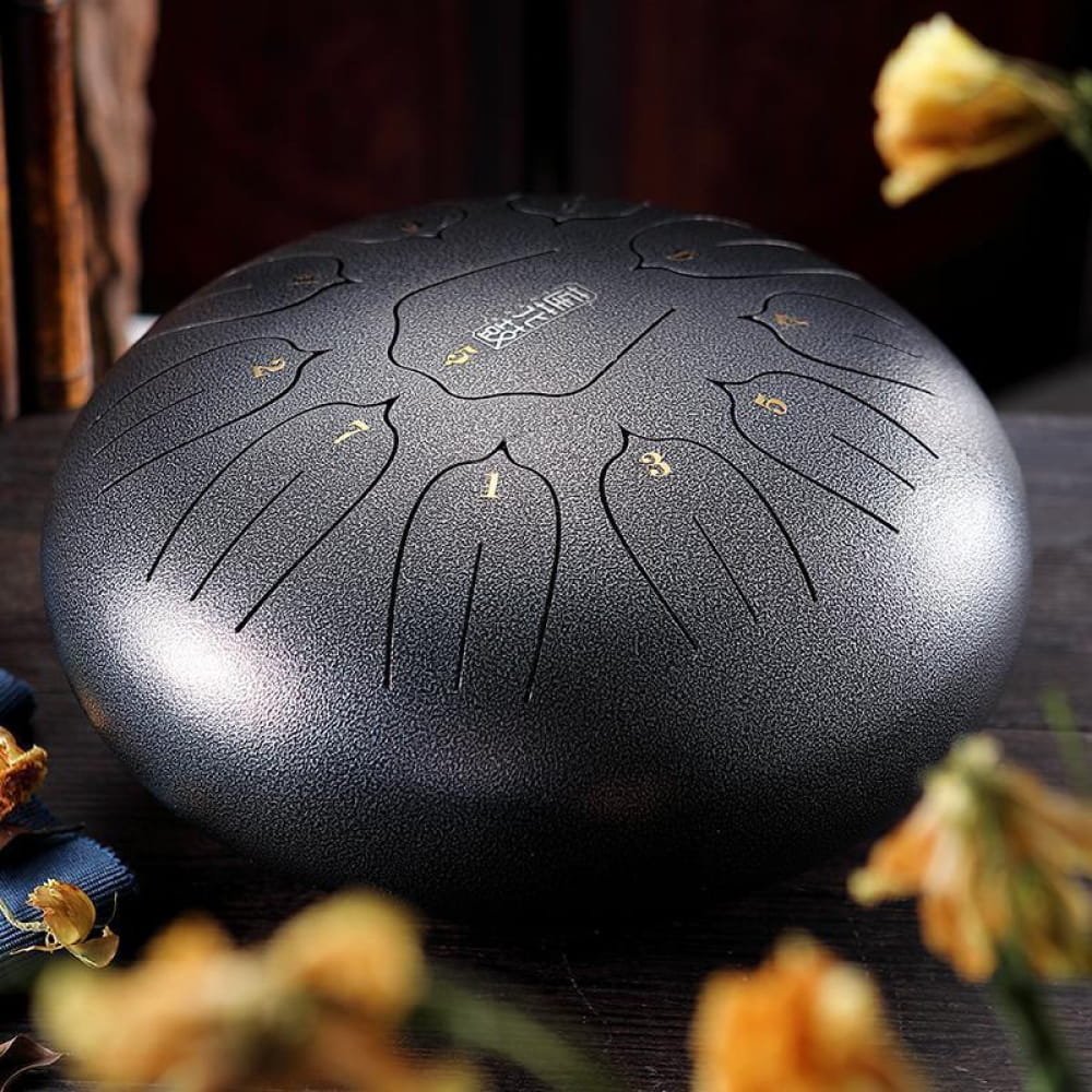 Steel tongue drum with etched petal tone zones, 12 inch, 11-tone C key