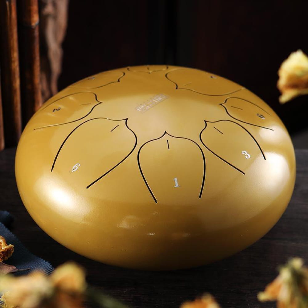 Golden steel tongue drum with petal-shaped tone markings in 12 Carbon Steel model