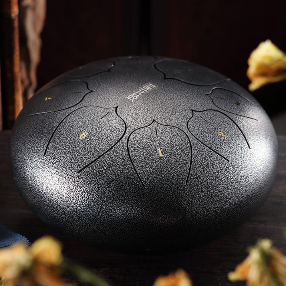 Black steel tongue drum with geometric patterns, 12 inch, 8 tone C key, portable music