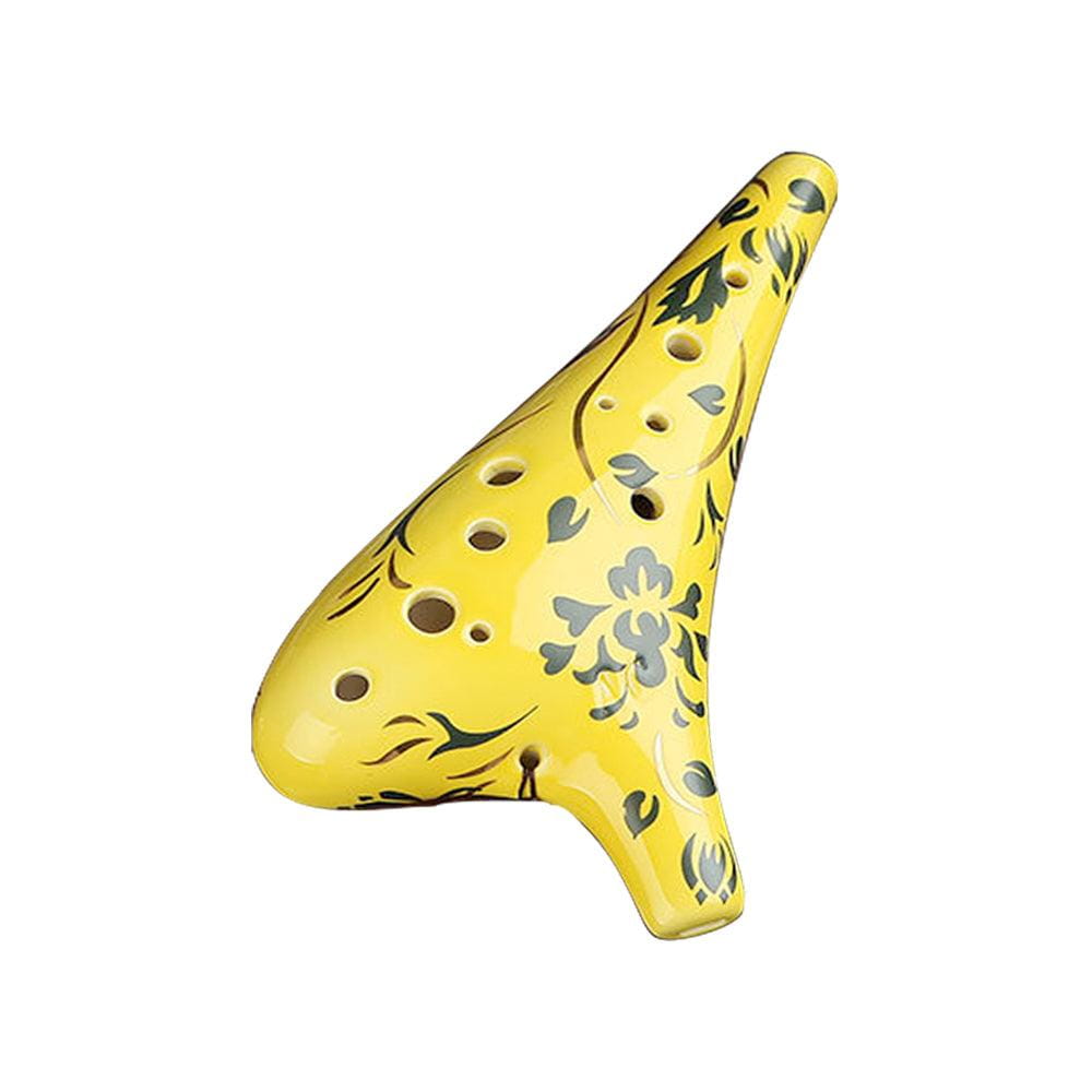 Yellow ceramic ocarina flute with floral patterns and dots in 12 Hole Alto C design