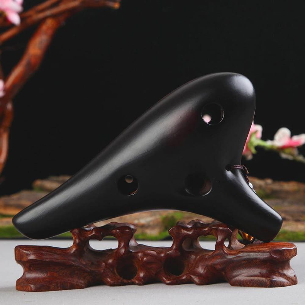 Black Ceramic Ocarina on Wooden Stand for 12-Hole Alto C Flute Instrument