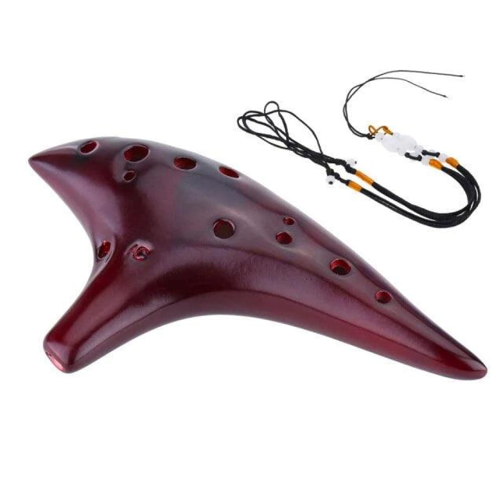 Burgundy ceramic 12 Hole Alto C Ocarina Flute with neck strap and finger holes