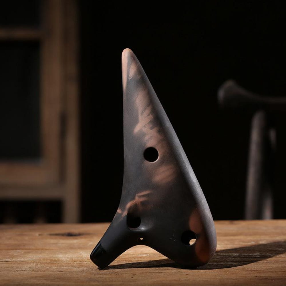Ceramic Ocarina Flute with Conical Shape and 12 Finger Holes, Smoked Finish