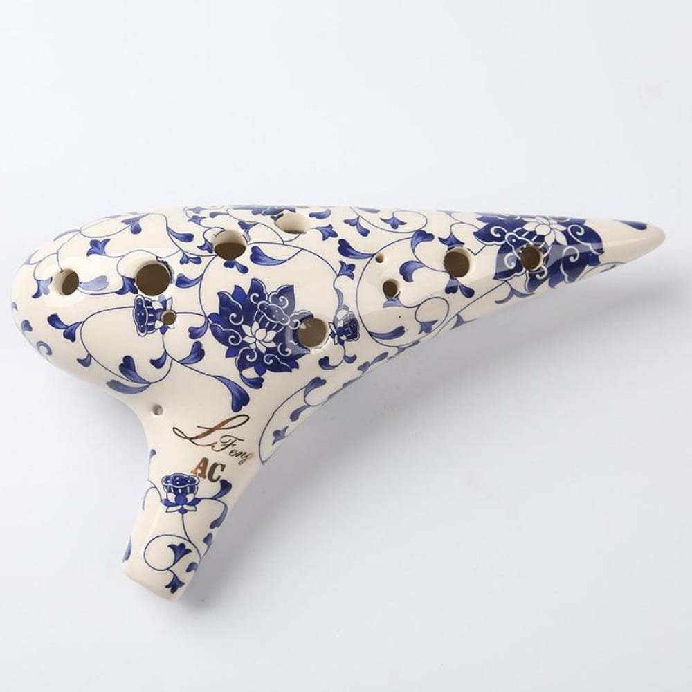 Ceramic ocarina with blue and white floral patterns for 12 Hole Alto C Flute