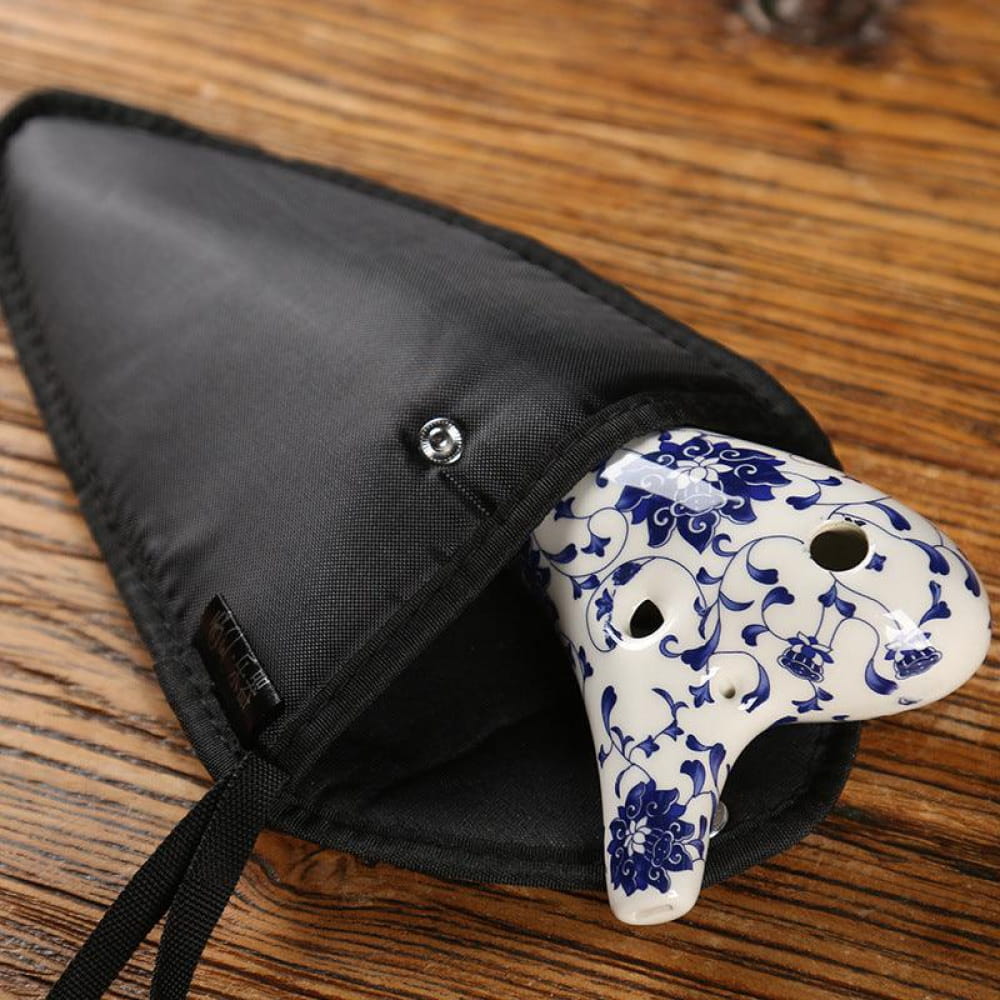 Blue and white porcelain ocarina in a black protective case for 12 Hole Alto C Ocarina